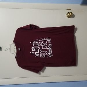 Y M If My Mouth Doesn't Say It My Face Will Burgundy/White Short Sleeve Shirt